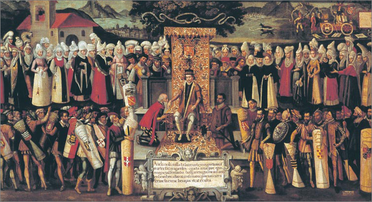 Besamanos, acto final de la jura de los Fueros de Bizkaia por Fernando el Catlico. 30 de julio de 1476. Cuadro obra de Francisco Vzquez de Mendieta en 1609